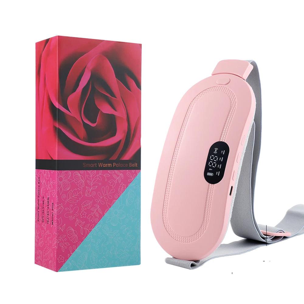 Pink heating pad with digital display next to its packaging featuring a red rose design.