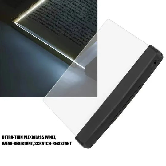 Ultra-slim LED page reading light illuminating an open book, portable acrylic book lamp for night reading.
led screen at angle with the dark image on of the book on the top left and text on the bottom left written on white background