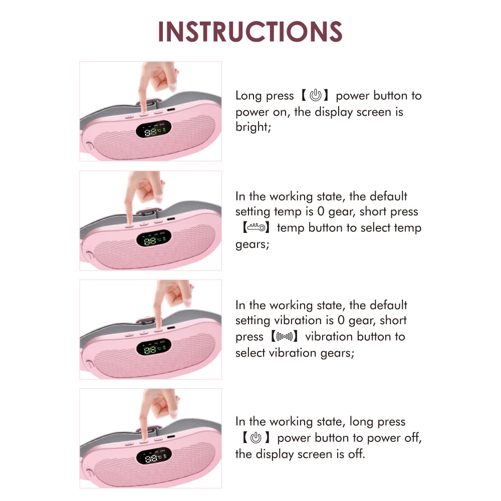 Instructions for a pink electronic device with power, temperature, and vibration controls.