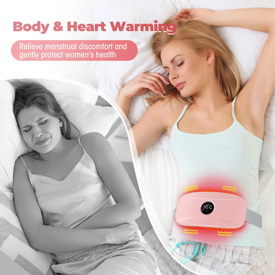 Woman using a body warming device to relieve menstrual discomfort, with text highlighting its benefits.