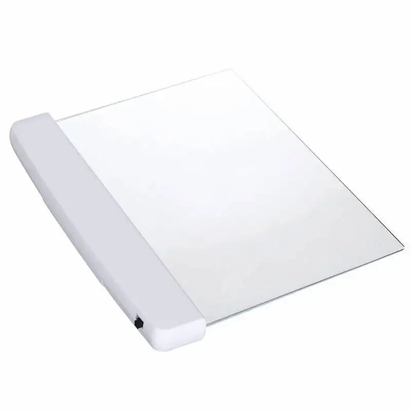 Ultra-slim LED page reading light illuminating an open book, portable acrylic book lamp for night reading.
led screen with white handle laying diagonally on the white background. black dot on the bottom of white handle