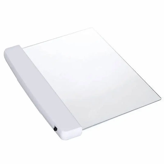 Ultra-slim LED page reading light illuminating an open book, portable acrylic book lamp for night reading.
led screen with white handle laying diagonally on the white background. black dot on the bottom of white handle