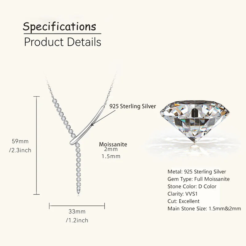 Jewelry product details with necklace and diamond on a white background