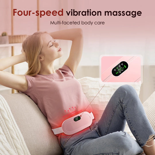 A woman using a four-speed vibration massage device on a couch with text indicating multi-faceted body care.