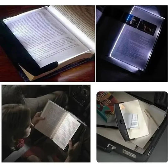 Ultra-slim LED page reading light illuminating an open book, portable acrylic book lamp for night reading.
four pictures of of screen. top left screen placed on a book page. top right led screen placed on the page in the dark showing text, bottom left a woman reads a book with the light coming from the screen that she holds, bottom right, led screen leaned on a book showing its complete look